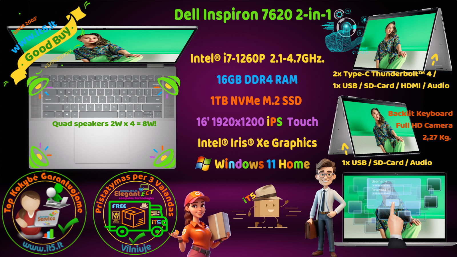Dell Inspiron 7620 Touch 2-in-1 16' IPS i5-1235U 16GB RAM 512GB SSD Windows 11