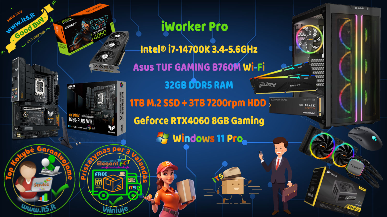 iWorker Pro i7-14700K 32GB RAM 1TB M.2 SSD +3TB HDD Geforce RTX4060 Windows 11 Pro